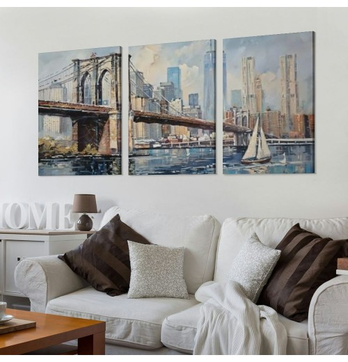 Brooklyn Bridge Wall Art New York Abstract Canvas Cityscape Painting, Colorful NYC Skyline Textured Picture Modern Artwork Framed for Living Room Bedroom Office Home Decor